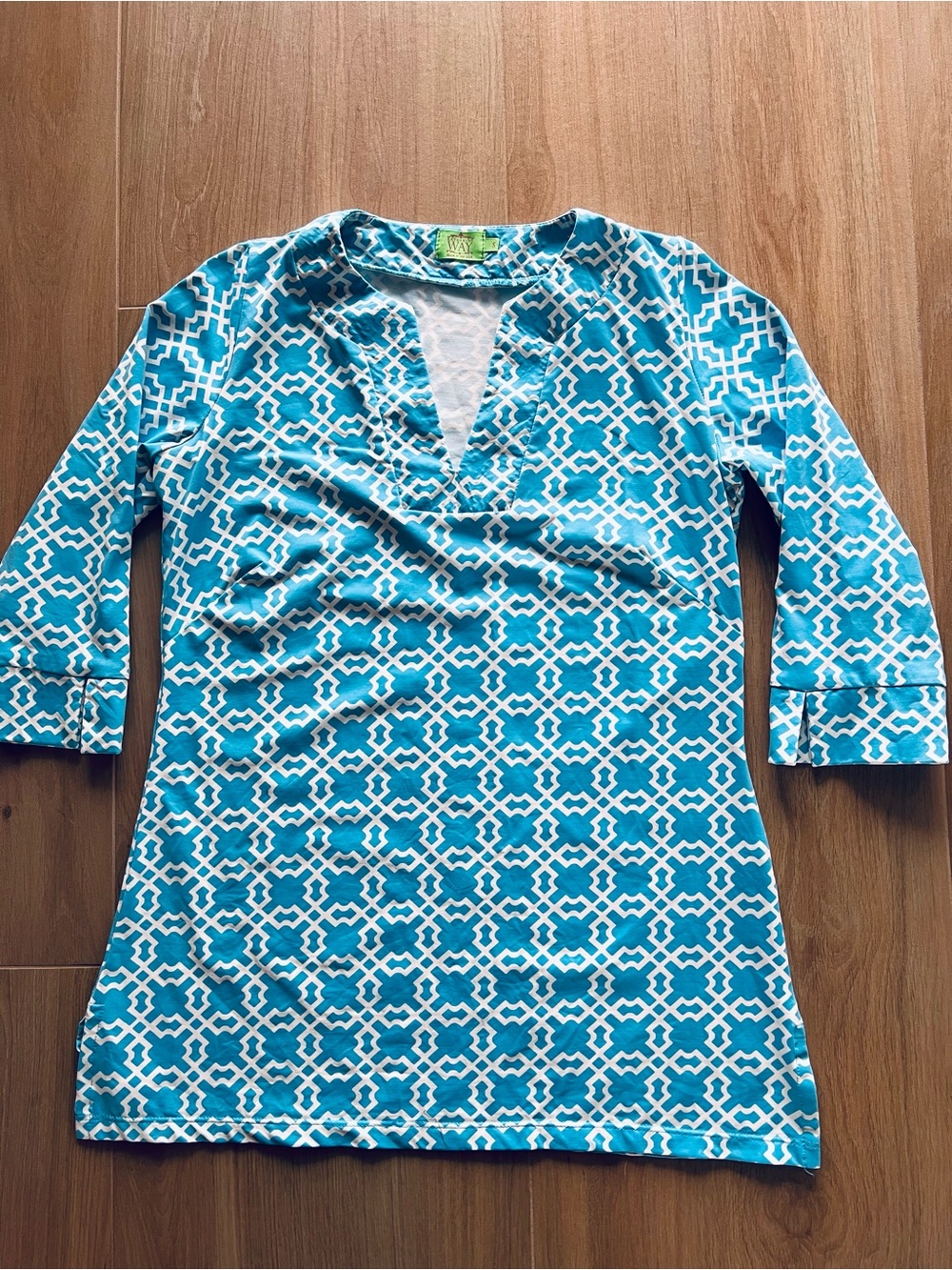 Katherine Way Boca Tunic Top Small Blue White Geometric Print 3/4 Sleeve Resort